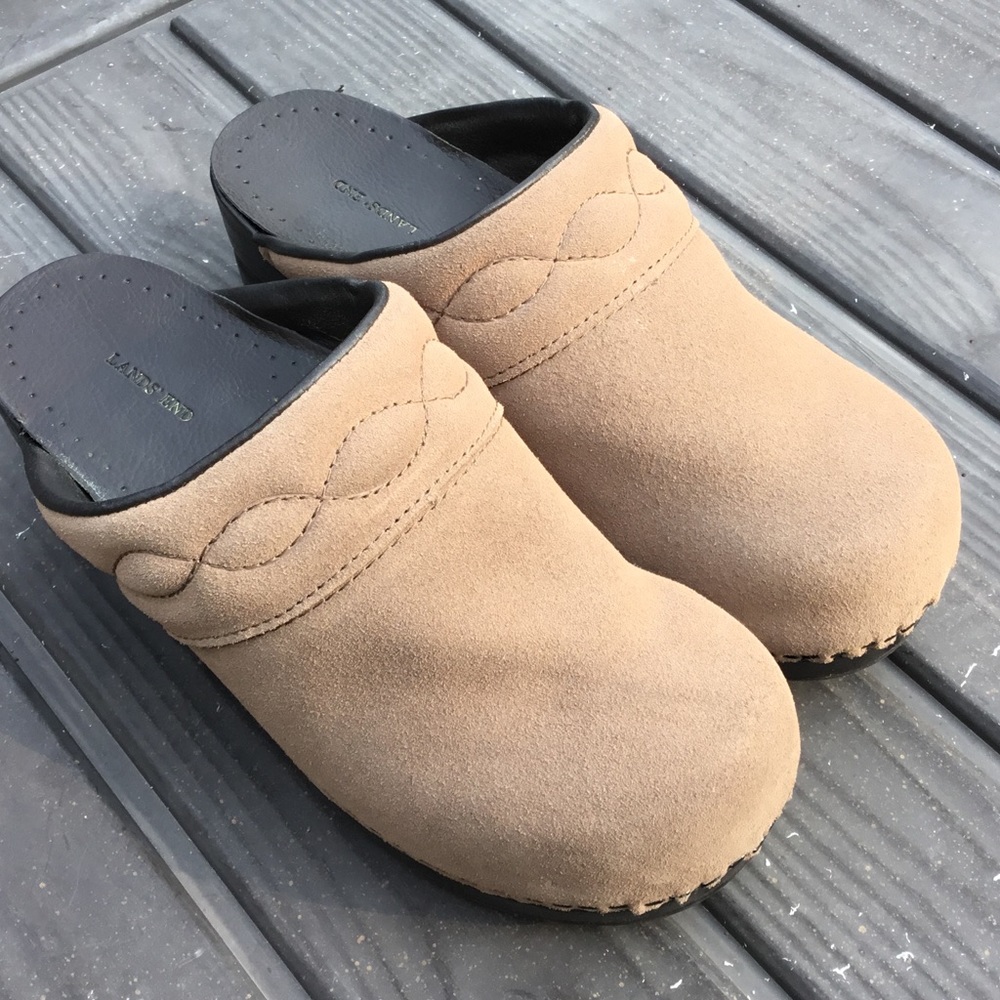 Lands End Tan Suede Comfort Clogs Women sz 8D
